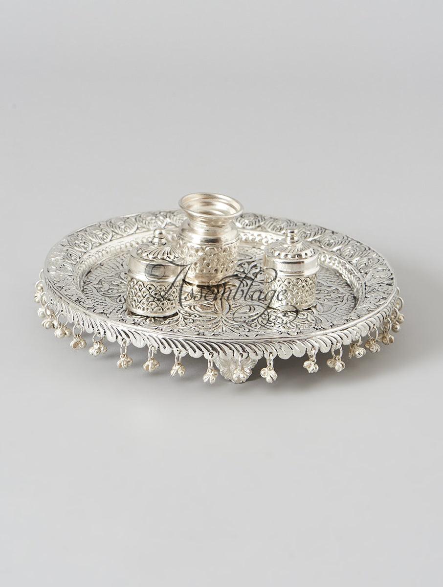 Antique Silver Ghungroo Aarti Thali Set