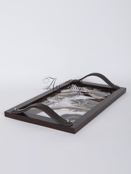 Abstract Black & Gold Leather Handle Tray
