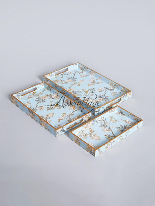 Azure & Gold Oriental Tray Set of 3