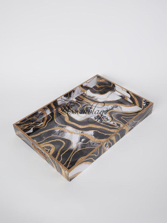 Abstract Black & Gold Printed Wood Tray