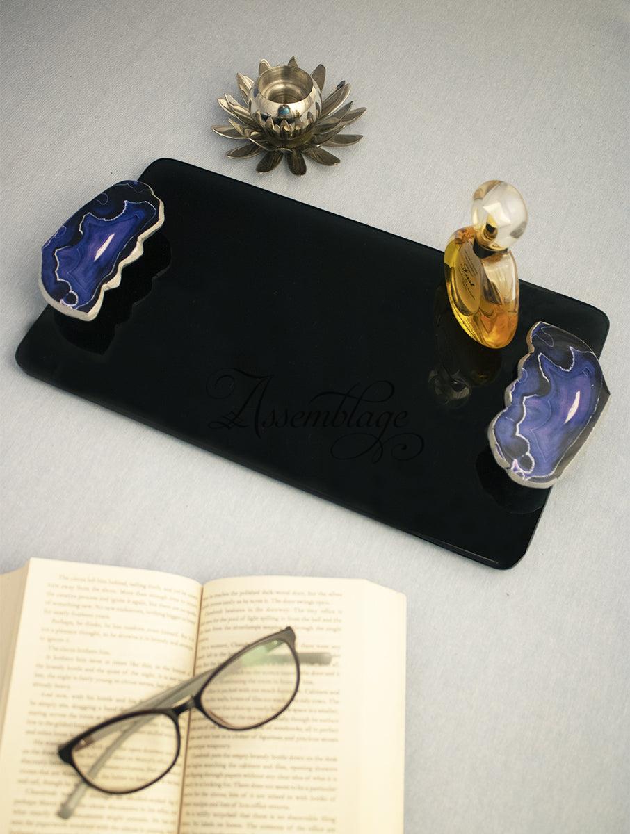 Black Beauty Glass Tray With Ink Blue Agate Handles