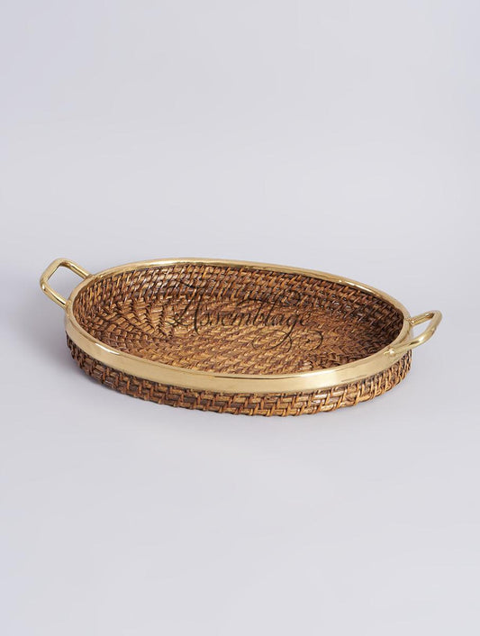 Brown Cane & Brass Wicker Basket Tray