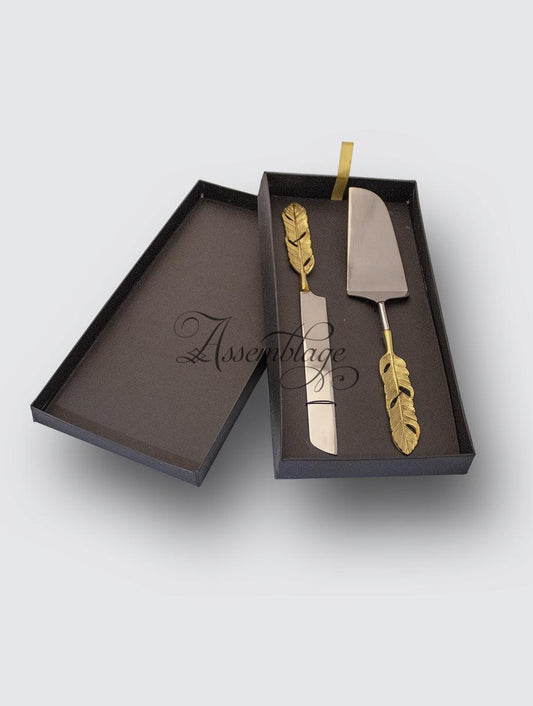 Vintage Brass Gold Feather Cake Knife & Spatula Set