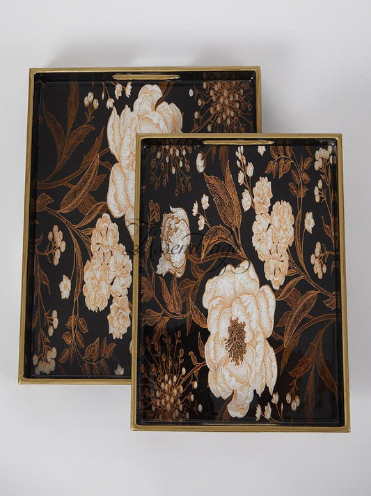 Black Persian Floral Printed Wood Tray Set of 2