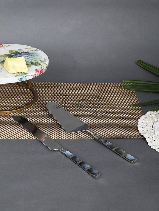 Breached Black Mother of Pearl Cake Knife & Spatula Cutlery Set