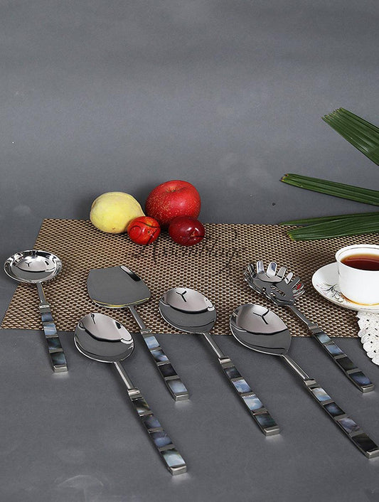 Breached Black Mother of Pearl Serving Spoon Cutlery Set of 6