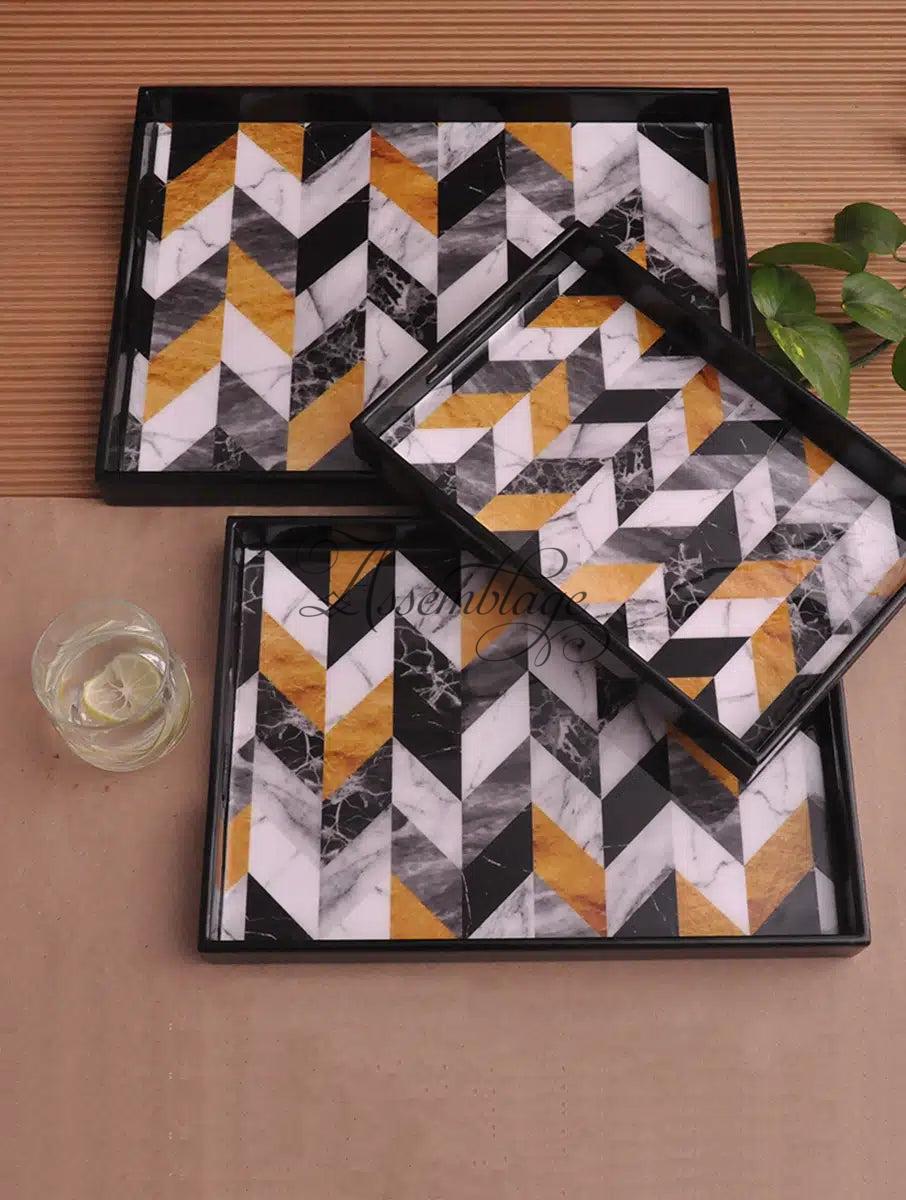 Chevron Marble Print Wooden Tray Set of 3