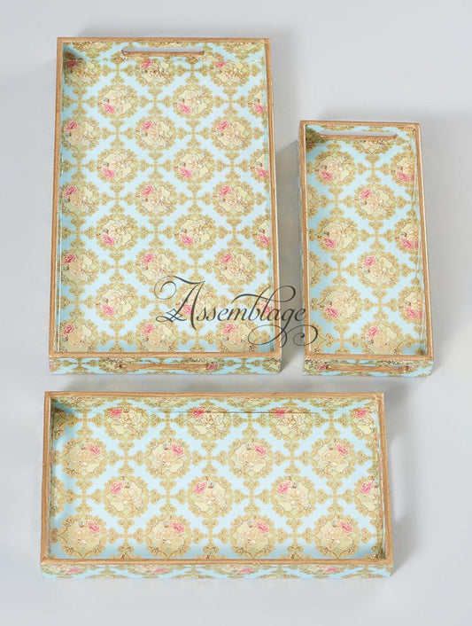 Dainty Floral Blue & Gold Tray Set of 3