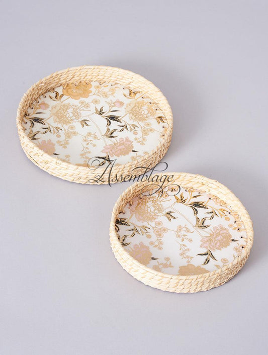 Gold Floral Round Cane Tray Set
