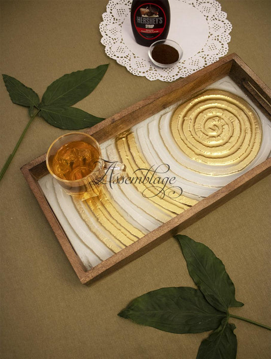 Gold & Ivory Glass & Wood Swirl Platter Tray