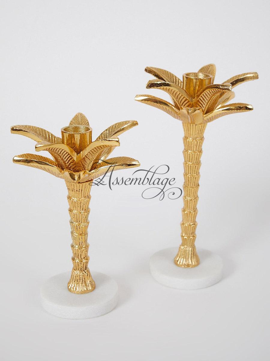 Gold Oasis Palm Tree Candle Stand Set