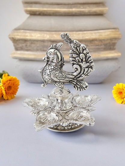 German Silver Peacock Panchmukhi Diya