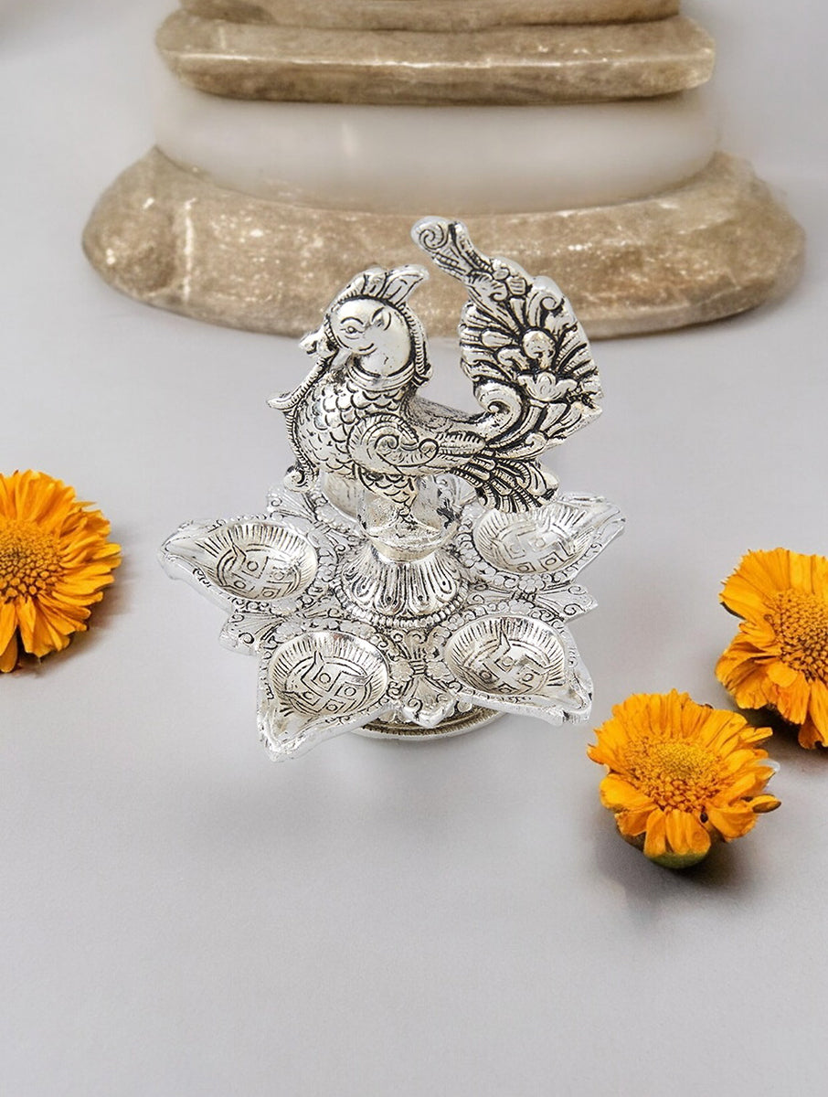 German Silver Peacock Panchmukhi Diya