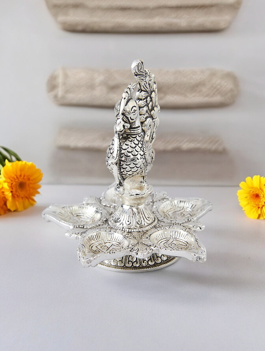 German Silver Peacock Panchmukhi Diya