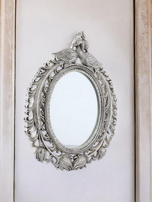 German Silver Royal Peacock Floral  Wall Mirror