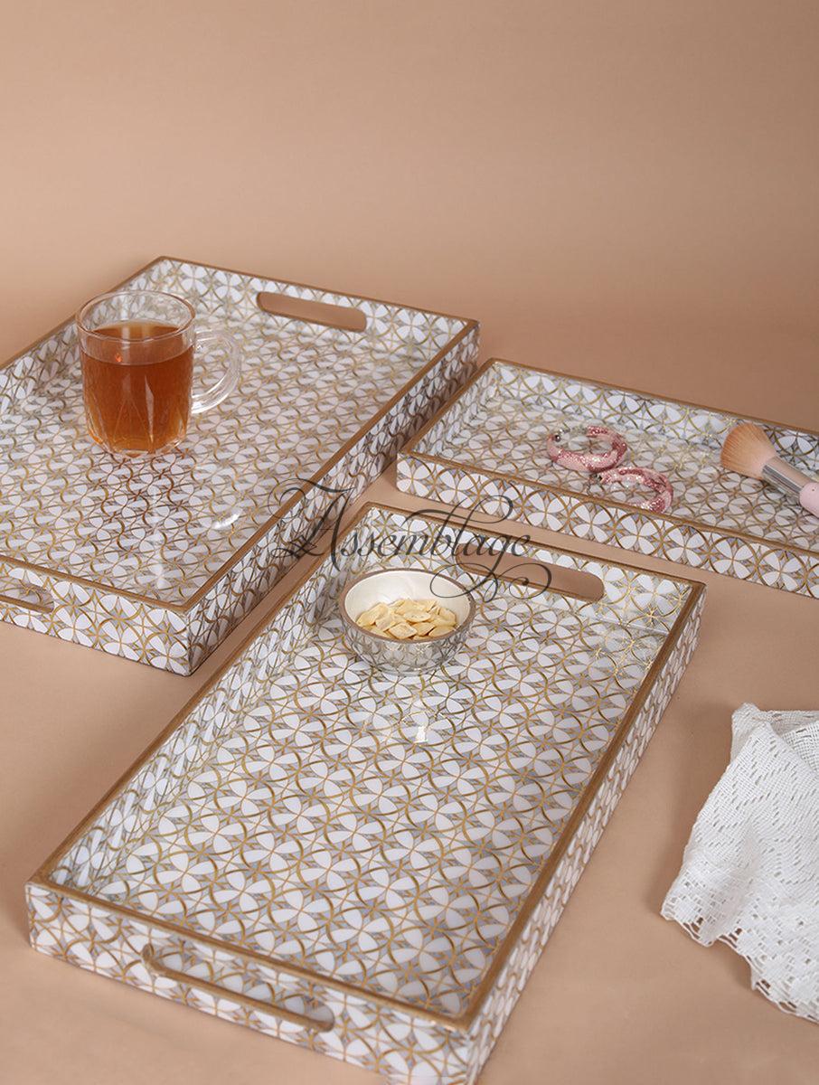 Athena Gilded Ivory Wood Tray Set of 3