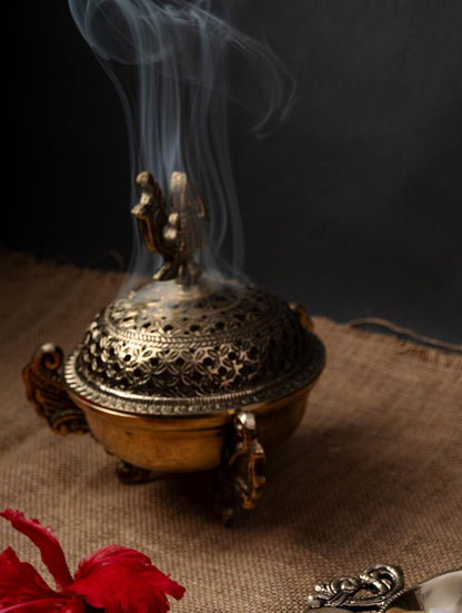 Brass Peacock Incense Loban Bowl