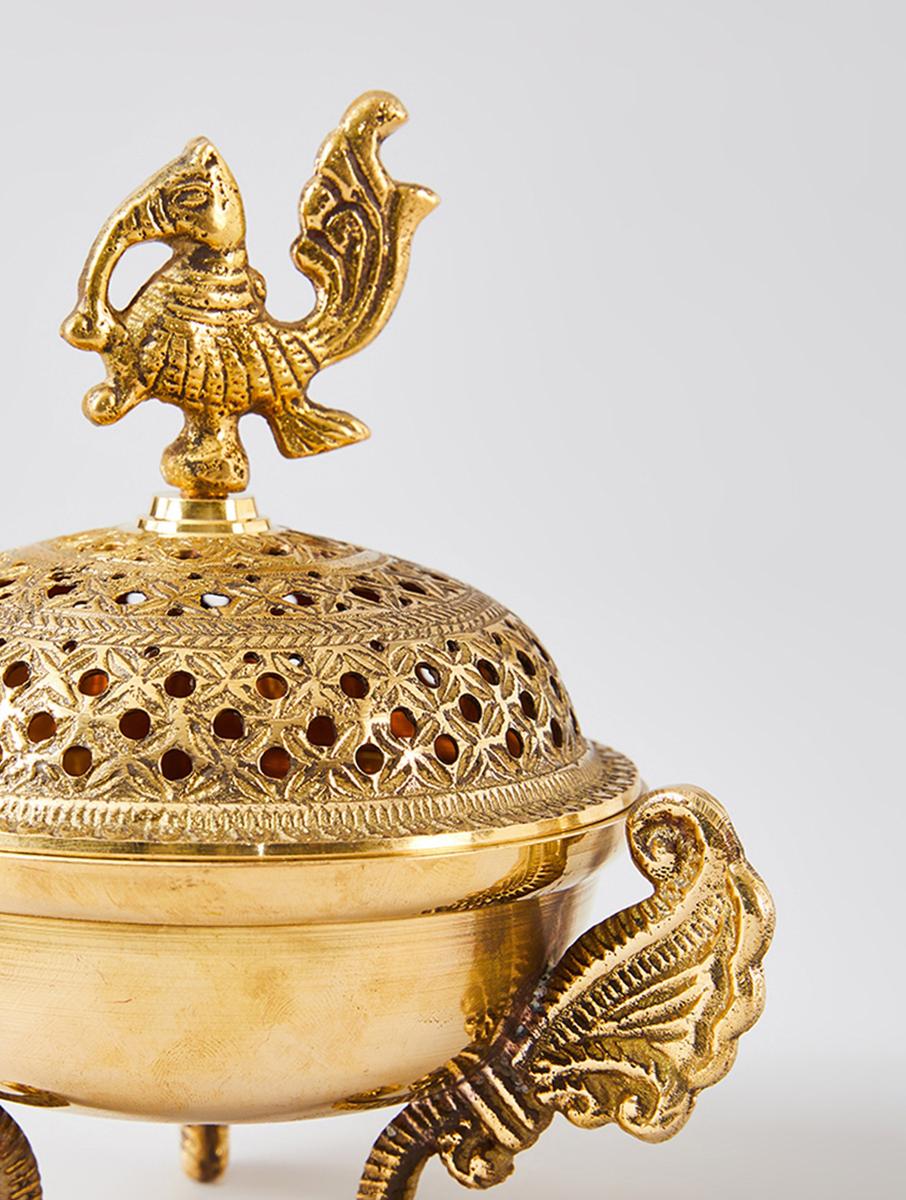 Brass Peacock Incense Loban Bowl