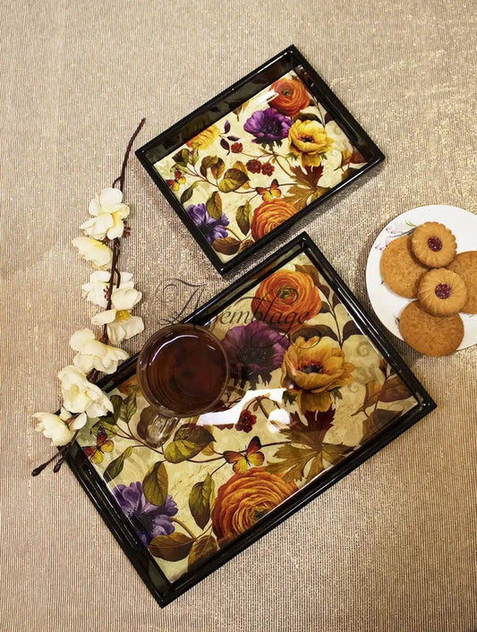 Multi Floral Wooden Tray Set