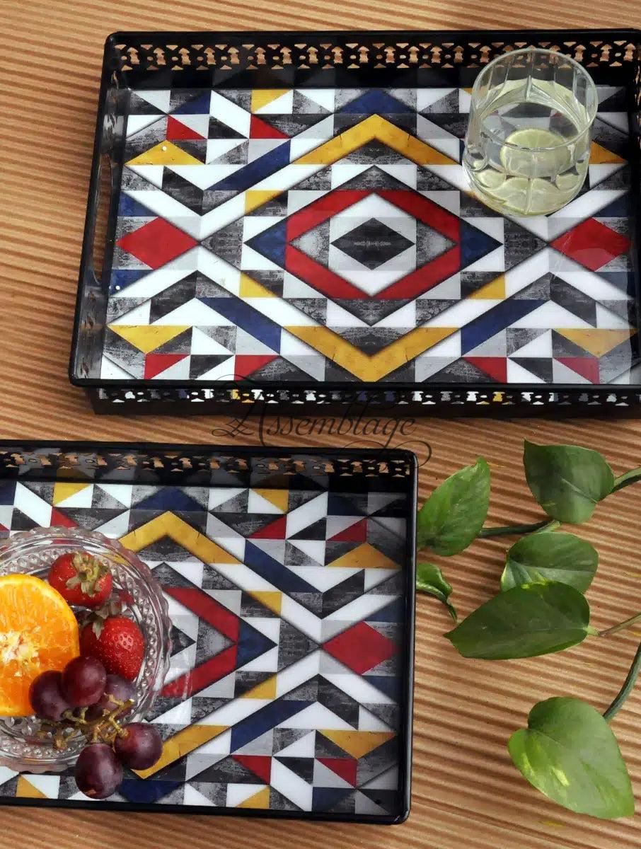 Multi Mosaic Print Jali Cutting Metal Serving Tray Set