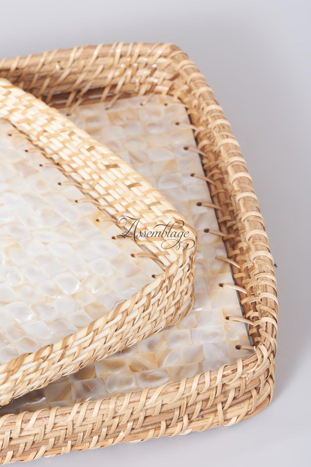 Mother of Pearl & Cane Basket Tray Set