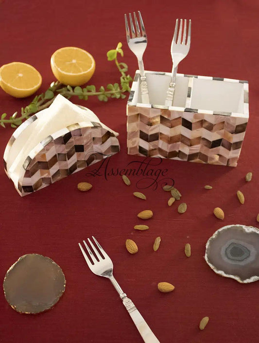 Zig Zag Mother of Pearl Tissue & Cutlery Holder Combo