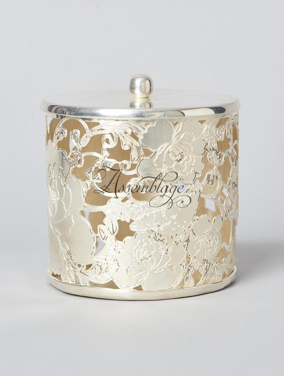 Silver Plated Brass Jar With Laser Etched Oriental Roses