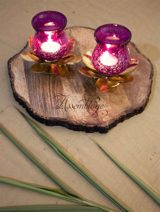 Purple Crackled Glass Lotus Hurricane Set