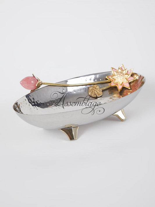 Rose Quartz Bud With Brass Enamel Flower Stainless Steel Boat Bowl