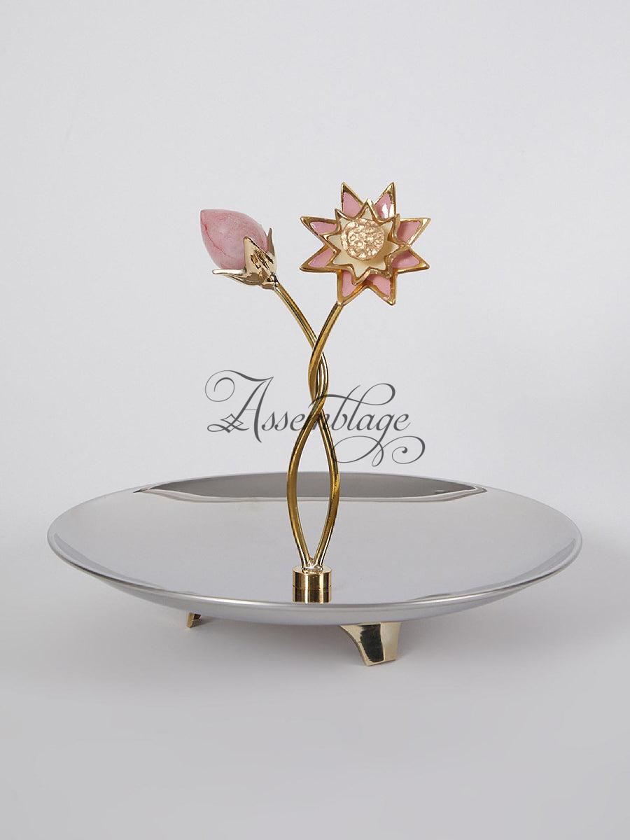 Rose Quartz Bud With Brass Enamel Flower Pole Platter