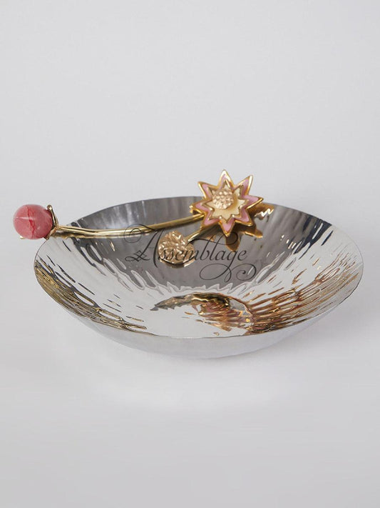 Rose Quartz Bud With Brass Enamel Flower Stainless Steel Fruit Bowl