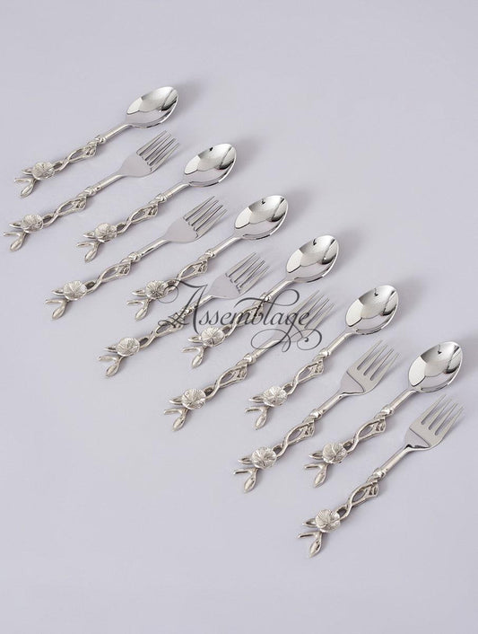 Silver Buttercup Fleur Spoon Fork Set of 12