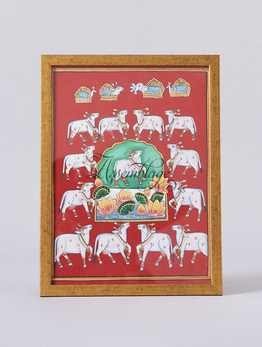 Sindoori Cow Herd & Lotus Pichwai Painting