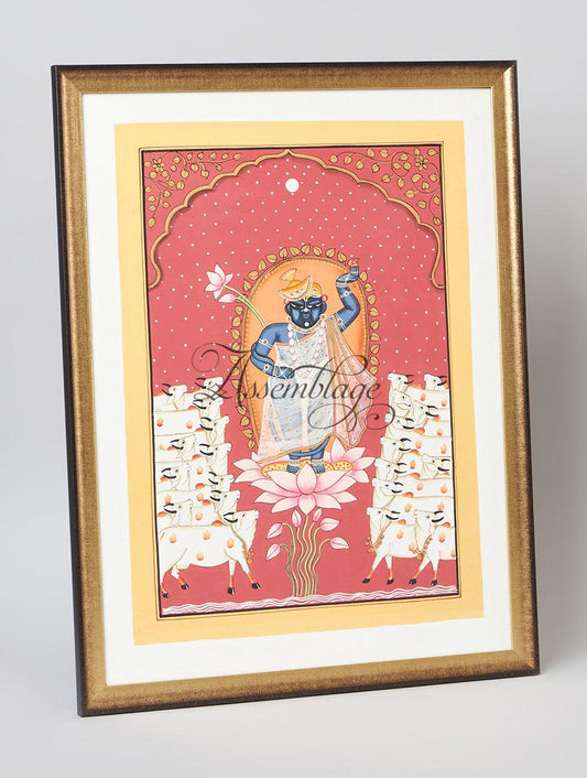 Sindoori Chandrama Srinathji Lotus & Cow Pichwai Hand Painting