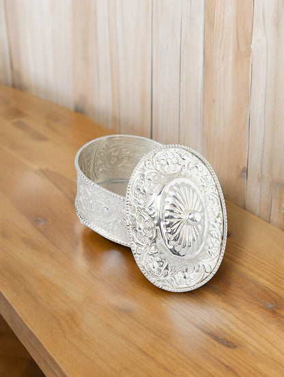 Silver Plated Brass Embossed Oval Dryfruit Condiment Box