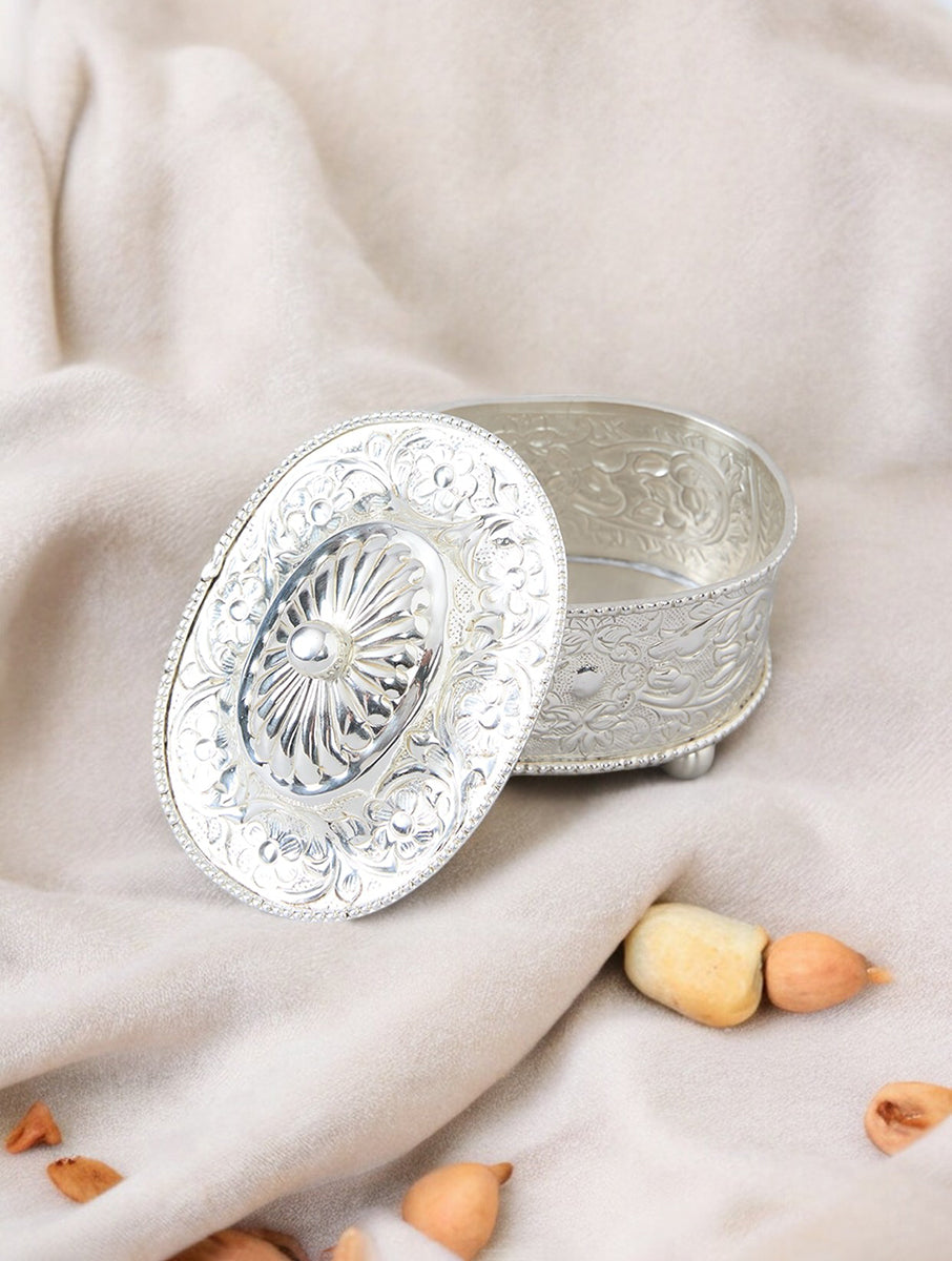 Silver Plated Brass Embossed Oval Dryfruit Condiment Box