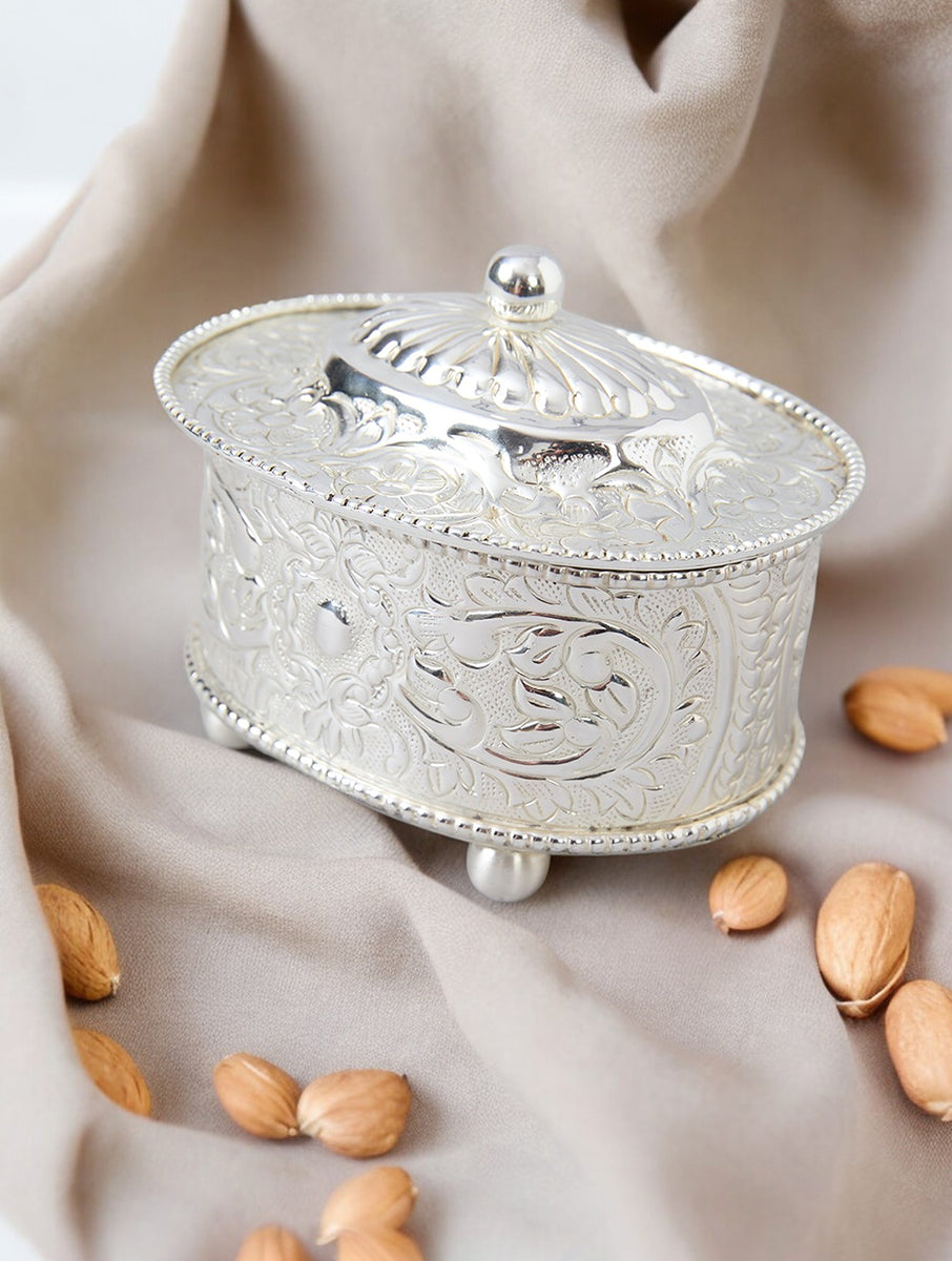 Silver Plated Brass Embossed Oval Dryfruit Condiment Box