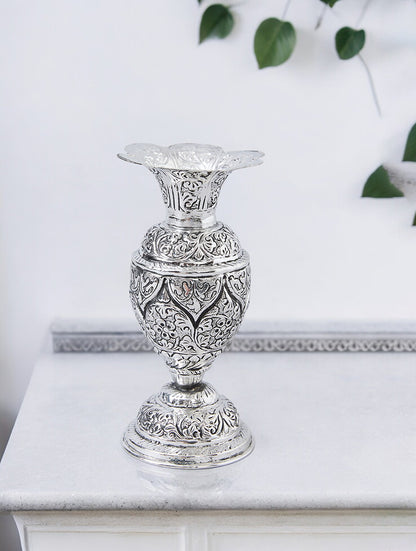 Silver Plated Brass Hand Carved Flower Vase