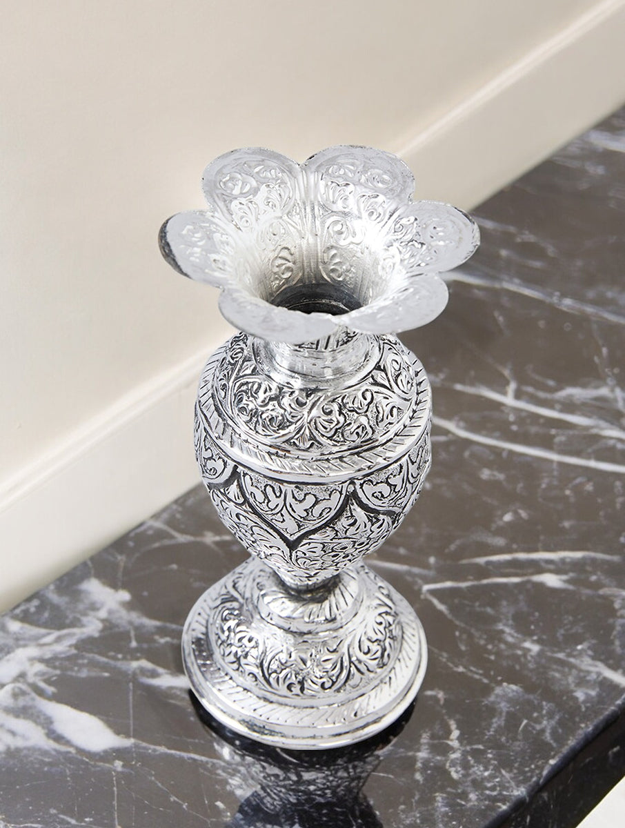 Silver Plated Brass Hand Carved Flower Vase