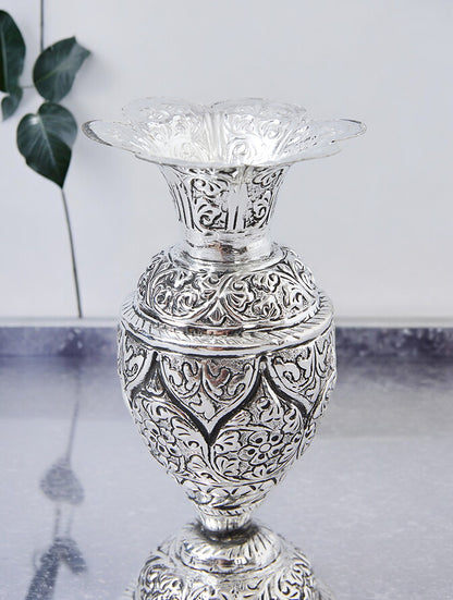 Silver Plated Brass Hand Carved Flower Vase