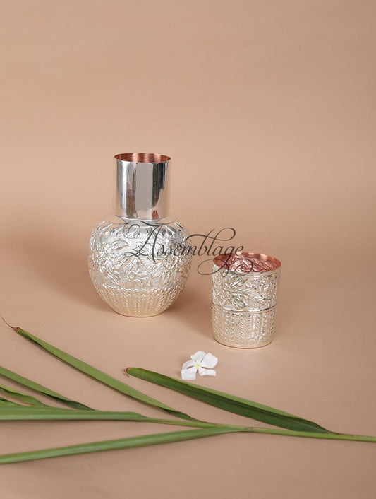 Hand Embossed Silver Plated Copper Carafe Bottle With Glass