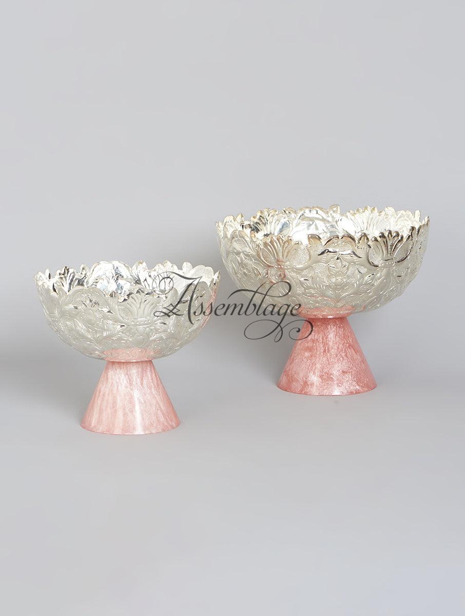 Silver Plated Carved Fruit & Nut Bowl With Pink Pedestal