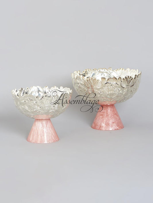 Silver Plated Carved Fruit & Nut Bowl With Pink Pedestal