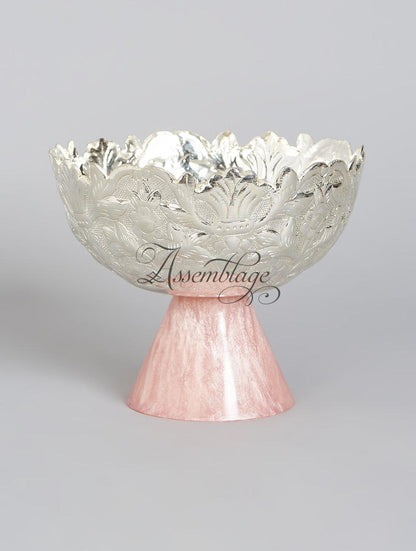 Silver Plated Carved Fruit & Nut Bowl With Pink Pedestal