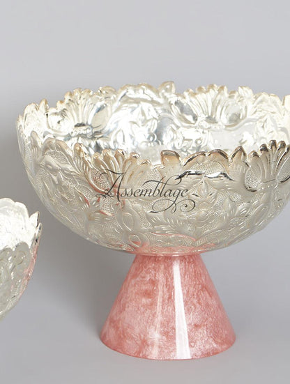 Silver Plated Carved Fruit & Nut Bowl With Pink Pedestal