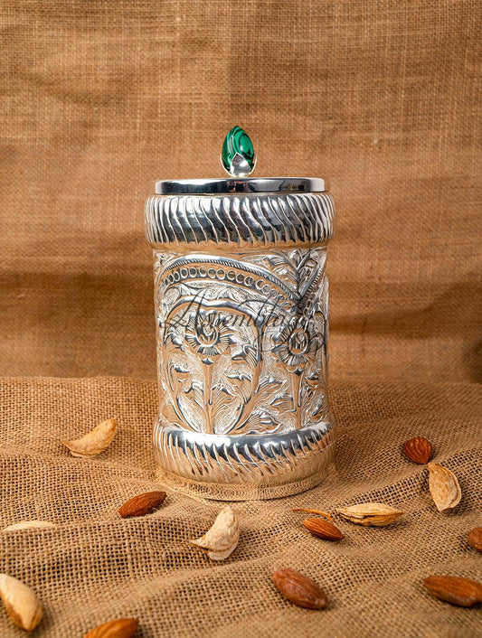 Silver Plated Malachite Lotus Chased Jar