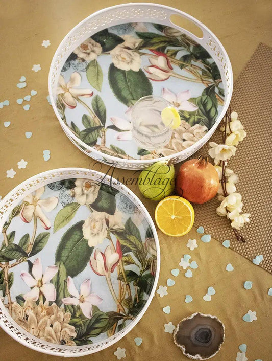 Tropical Floral Round Metal Tray Set