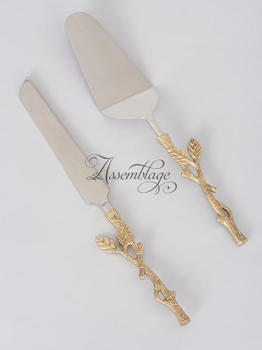 Gold Brass Twig Leaf Cake Knife & Spatula Set