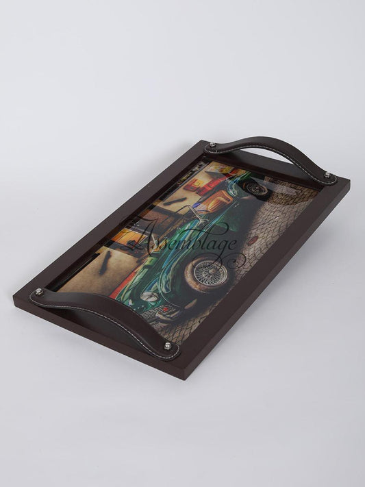 Vintage Green Car Leather Handle Tray