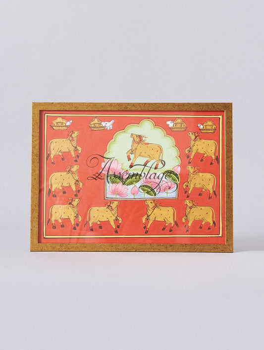 Vermillion Gopashtami Cow & Lotus Pichwai Painting